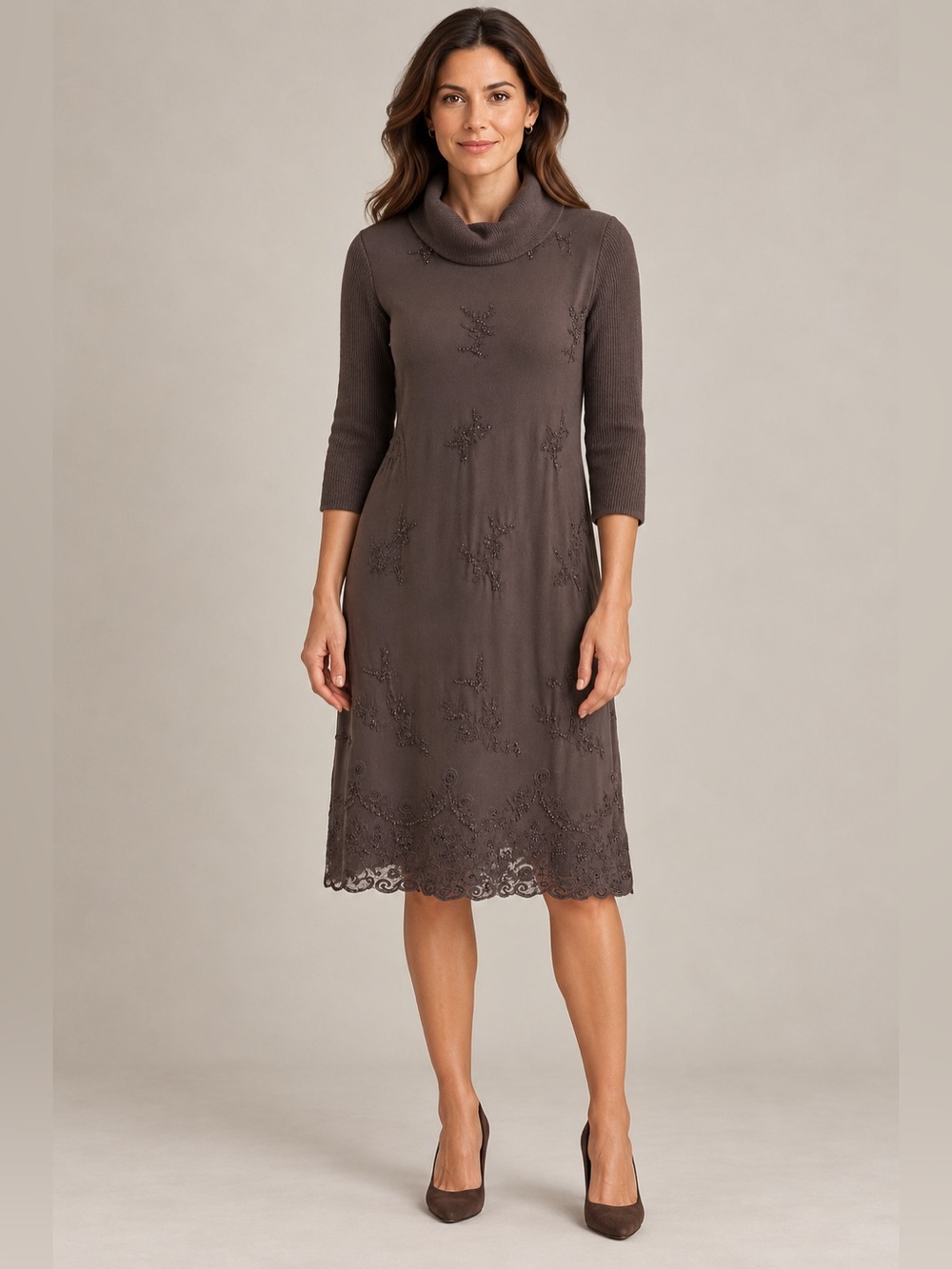 Sundance Eventide Brown Beaded Turtleneck Dress Lace Hem Size M